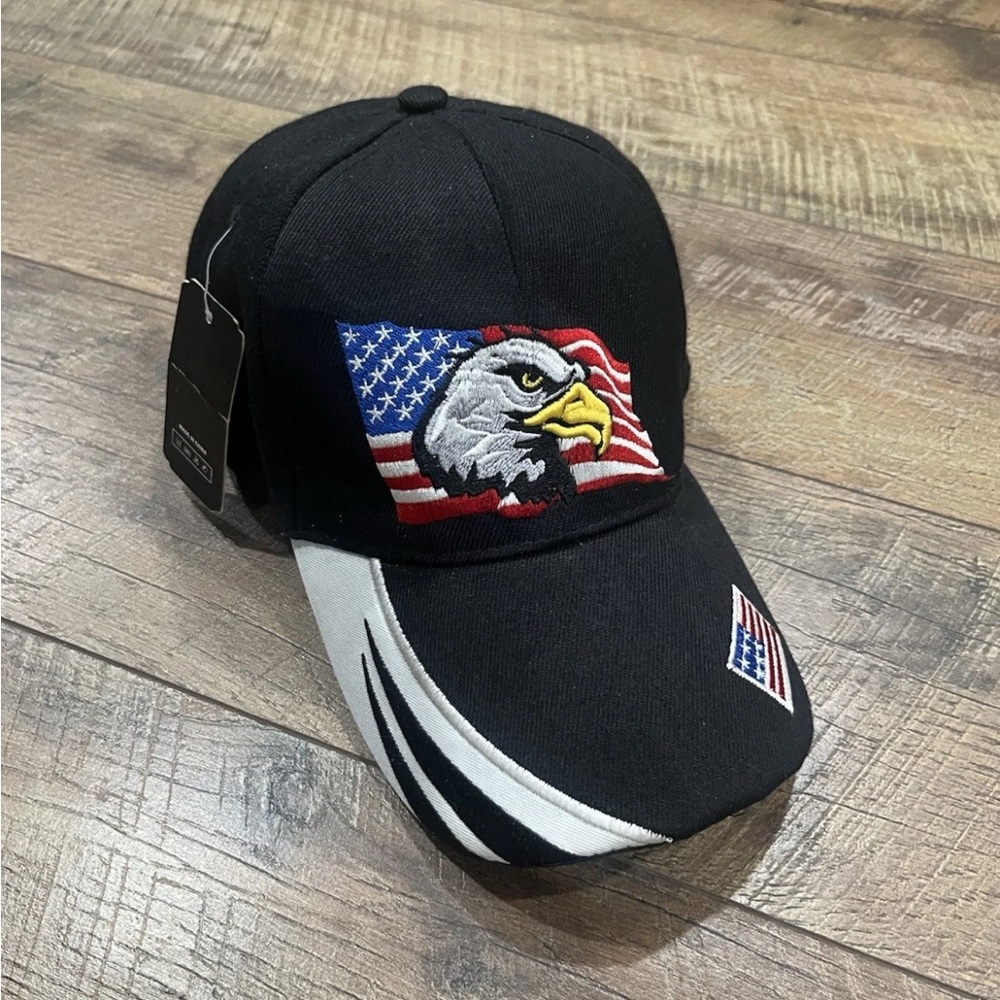 NWT Vintage Y2k Embroidered American Flag Eagle Trucker Hat Black Adjustable